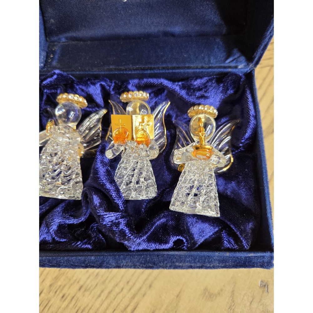 VTG Swarovski Glass Hand Spun 18K Gold Crystal Angels Set 3 In Music Box Works!